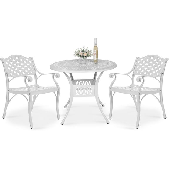 VIVIJASON 3-Piece Patio Furniture Dining Set, All-Weather Cast Aluminum Outdoor Bistro Set, Include 2 Dining Chairs and 35.4" Round Table w 2" Umbrella Hole for Balcony, Lawn, Garden, Backyard, White