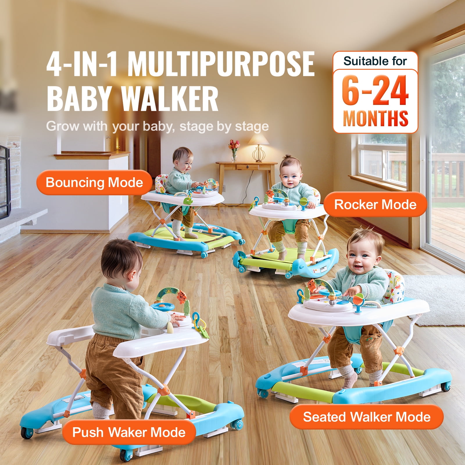 KFFKFF Baby Walker 4 in 1, Foldable Height Adjustable Baby Walker with Wheels, Infant Toddler Walker with Foot Pads, Anti-Fall Baby Walker With Music & Toys Tray for Boys and Girls 6-24 Months
