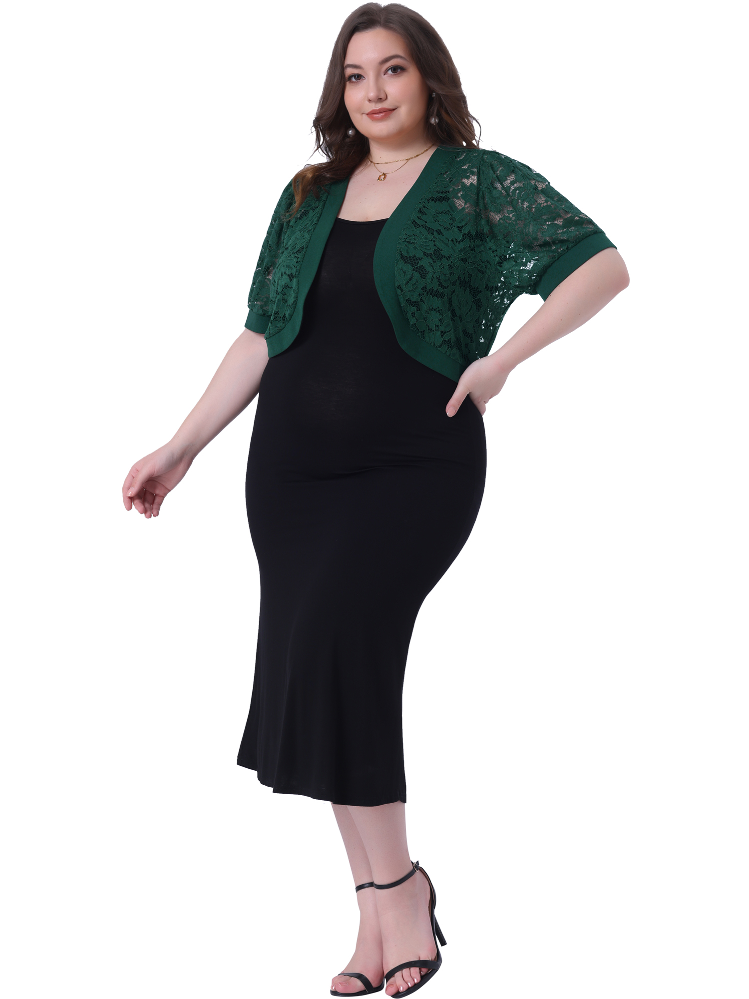 DARING DIVA Women's Plus Cropped Cardigans Floral Lace Bolero Shrugs 3X Dark Green