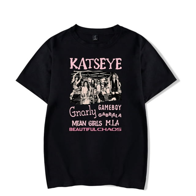 T-Shirt Surdimensionné Inspiré du Chaos Katseye - Col Rond en Coton Unisexe à Manches Courtes pour l'Été, Mode Urbaine, tTP, Noir