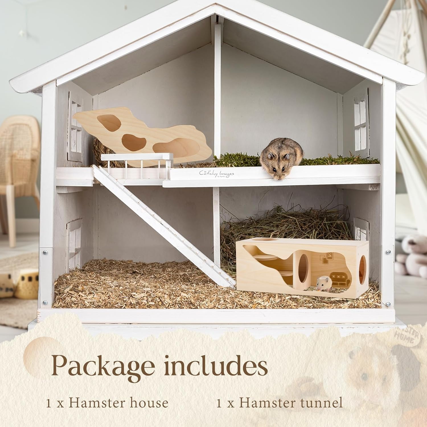 2 Pcs Hamster Hideout Set House and Tunnel, Exploring Tunnel with Climbing Ladder, Secret Observe Shed for Syrian Hamsters, Gerbils, Hedgehogs, Rats, Mice, Small Animals Pets Toys