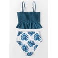 thumbnail image 3 of Cupshe Women's Smocked Ruffled High Waisted Bikini Set Swimsuit Blue Leafy, M, 3 of 5