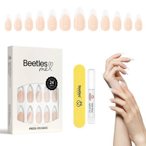 Beetles Gel Nail Polish Press On Nails, Classic French Nails 24PCS Full Cover White Nude Fake Nails Glue-on Nails for Women Stick on Nails with Glue and Nail File Gift for Girls