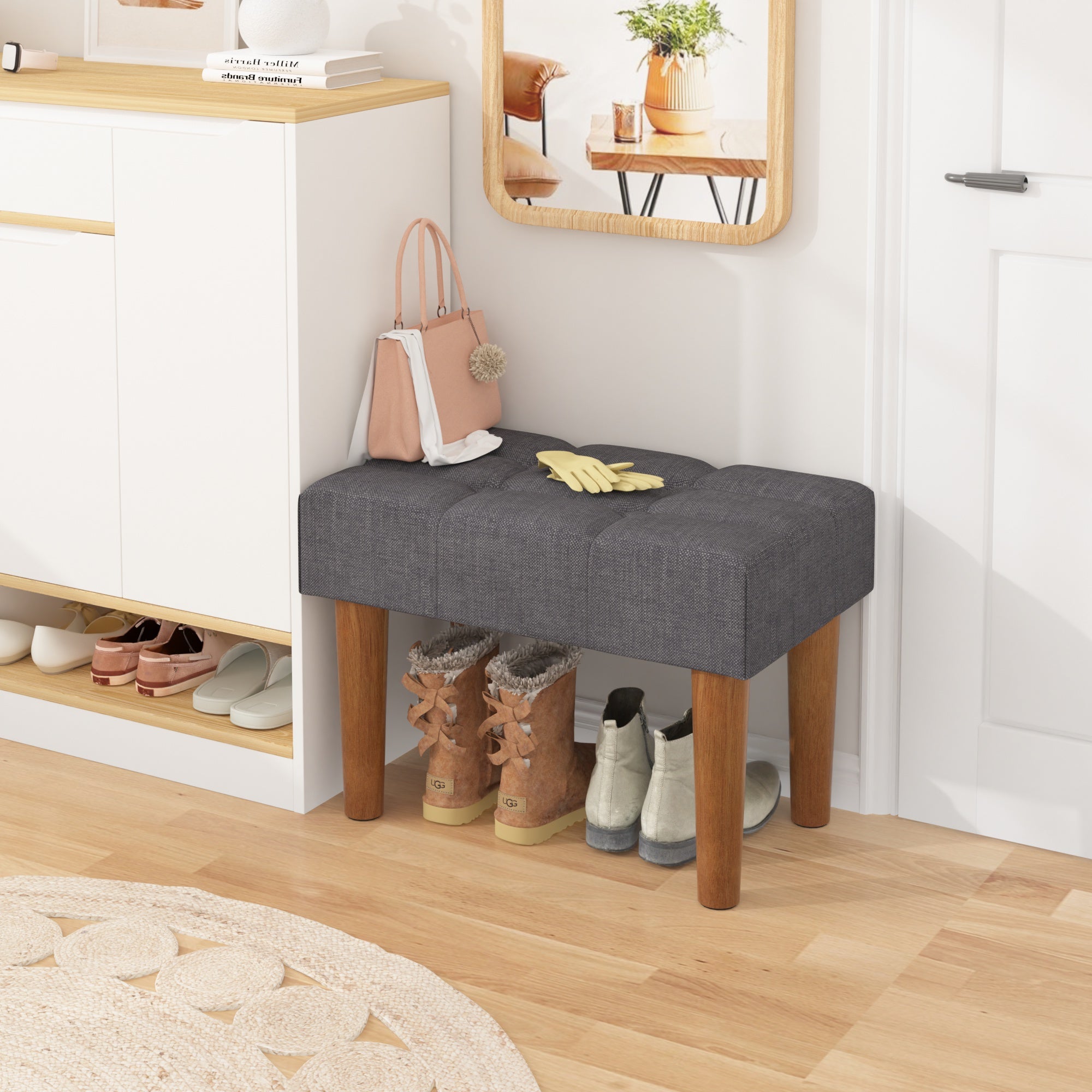 VECELO Small Tufted Foot Stool, Upholstered Footrest Ottoman with Legs, Fabric Rectangle Sofa Foot Rest for Living Room, Couch, Gray