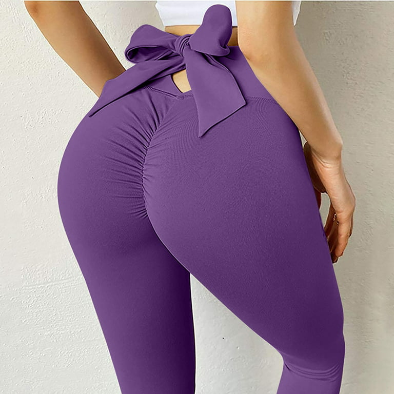 Hfyihgf Leggings for Women High Waist Tummy Control Yoga Pants Back Tie Bow  Hip Lift Workout Fitness Running Tights(Purple,M)