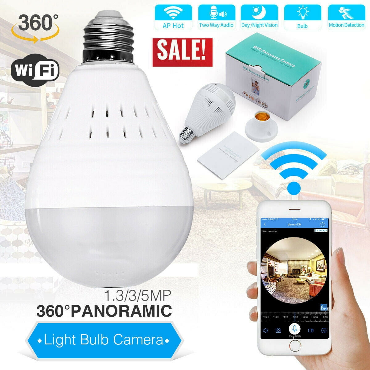 Mini Security IP SPY Hidden Camera 360° Panoramic 1080P Wifi Wireless Light Bulb 