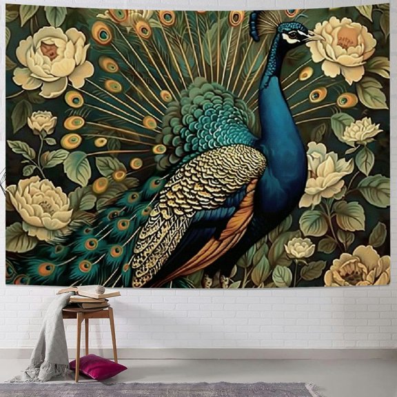 Sheronv Peacock Fan Flowers Tapestry Wall Hanging Unique Style Graphic Tapestries Home Wall Decor Art for Living Room Bedroom Apartment Farmhouse Dorm 40x30inch