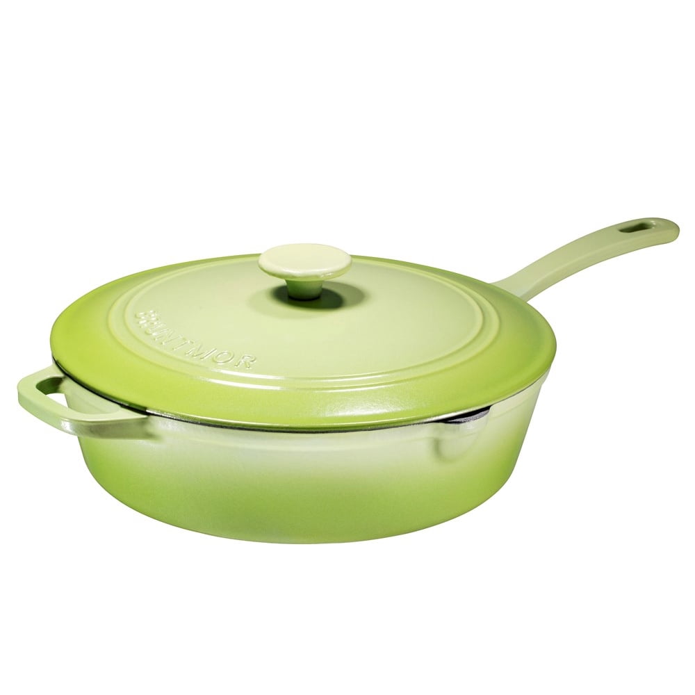 Enameled Cast Iron Skillet Deep Saute Pan with Lid 12 Inch, Matte Green, Superior Heat Retention