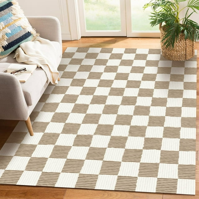Checkered Brown Area Rug 3' ×5' Washable Large Living Room Rug Geometry Neutral Line Non-Slip Soft Bedroom Carpet Dining Room Nursery Home Office Indoor Decor