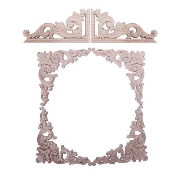 4Pcs Rubber Wood Oak Carved Corner Onlay Applique Furniture & 2Pcs Left Right(Each 1Pcs) Vintage Wooden Carved Corner
