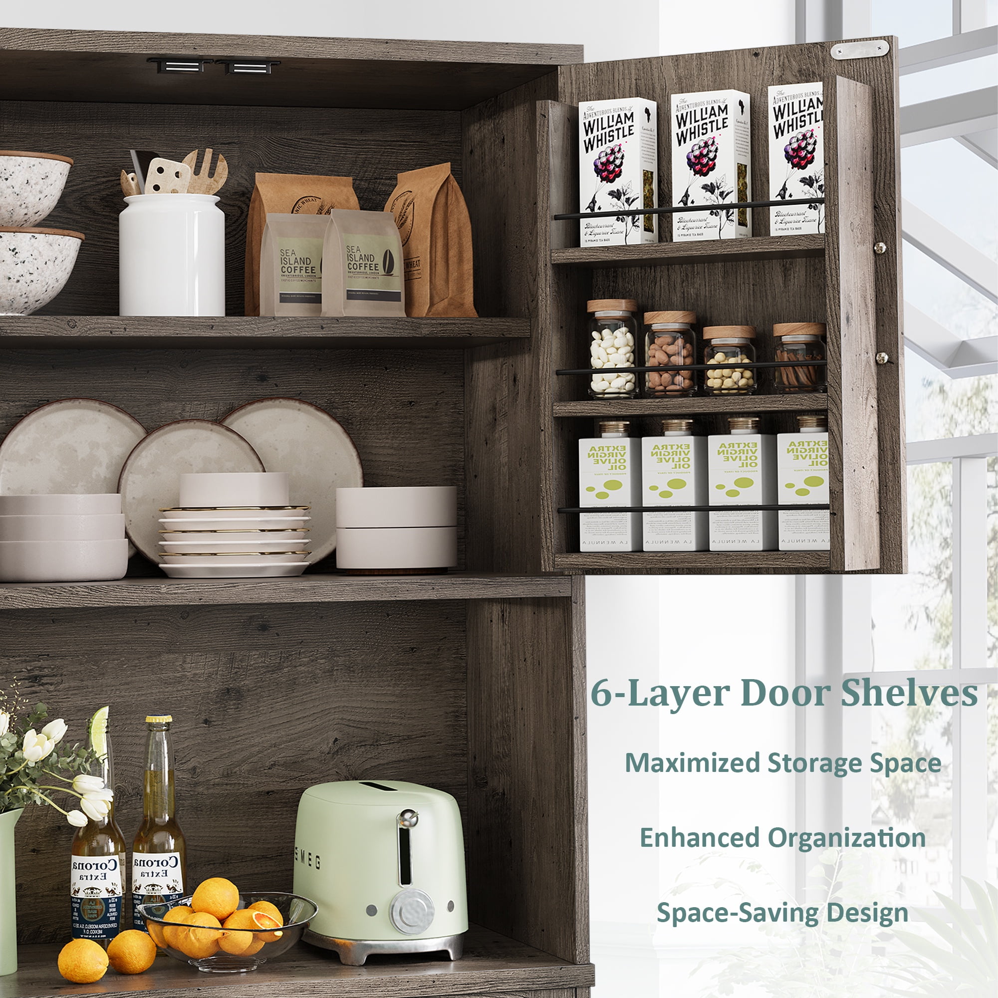 PPorfamilia 71-Inch Farmhouse Kitchen Pantry Storage Cabinet with Drawer and Charging Station, Oak