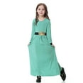 thumbnail image 6 of NAFUU Kid Girls Dress Solid Color Crew Neck Long Sleeve Abaya Dresses Long Robe For Kids Middle Casual Summer Outfit Tween Girls Dresses Formal,Light Green,5-6 Years, 6 of 9