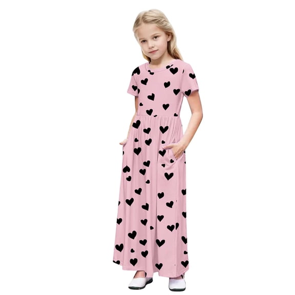 Auroural Girls Dresses Size 7 Kids Girl Cute Print Short Sleeve Stretchy Pocket Dress A Line Long Dress 7 Years
