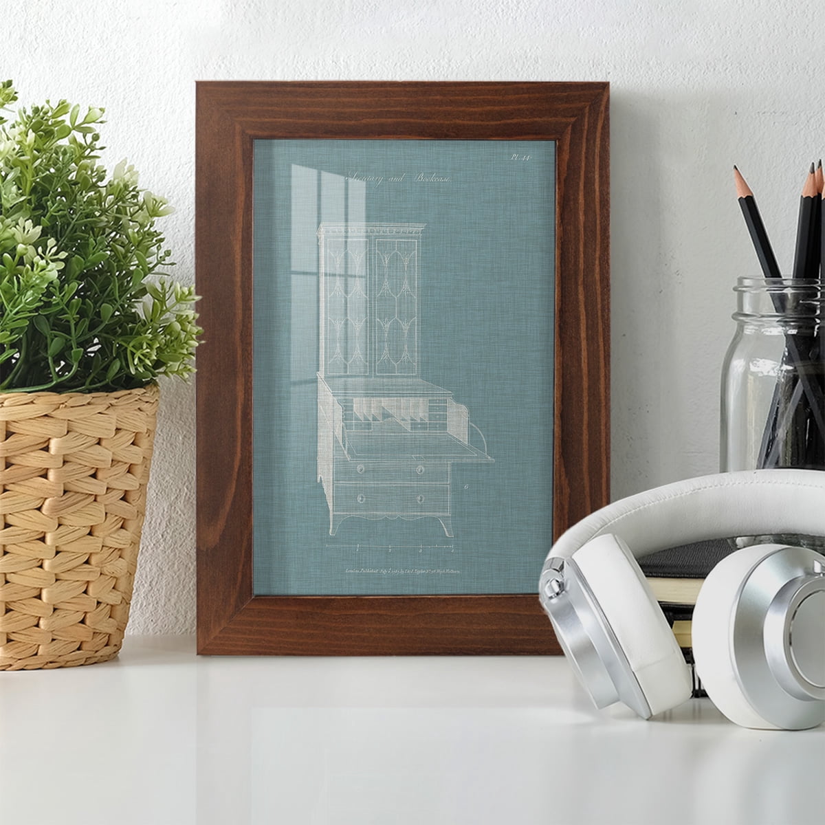 Hepplewhite Desk & Bookcase I - Framed Print w/glass - Chestnut