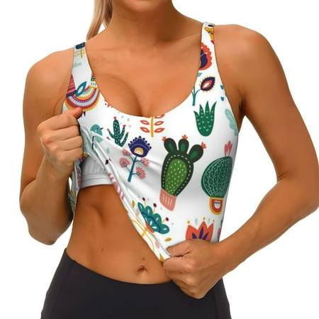 Qokaie Alpaca Flower Pattern Womens Scoop Neck Sports Bra Breathable Workout Vest Padded U Back Medium Impact Fitness Gym Yoga Bra Workout Crop Top