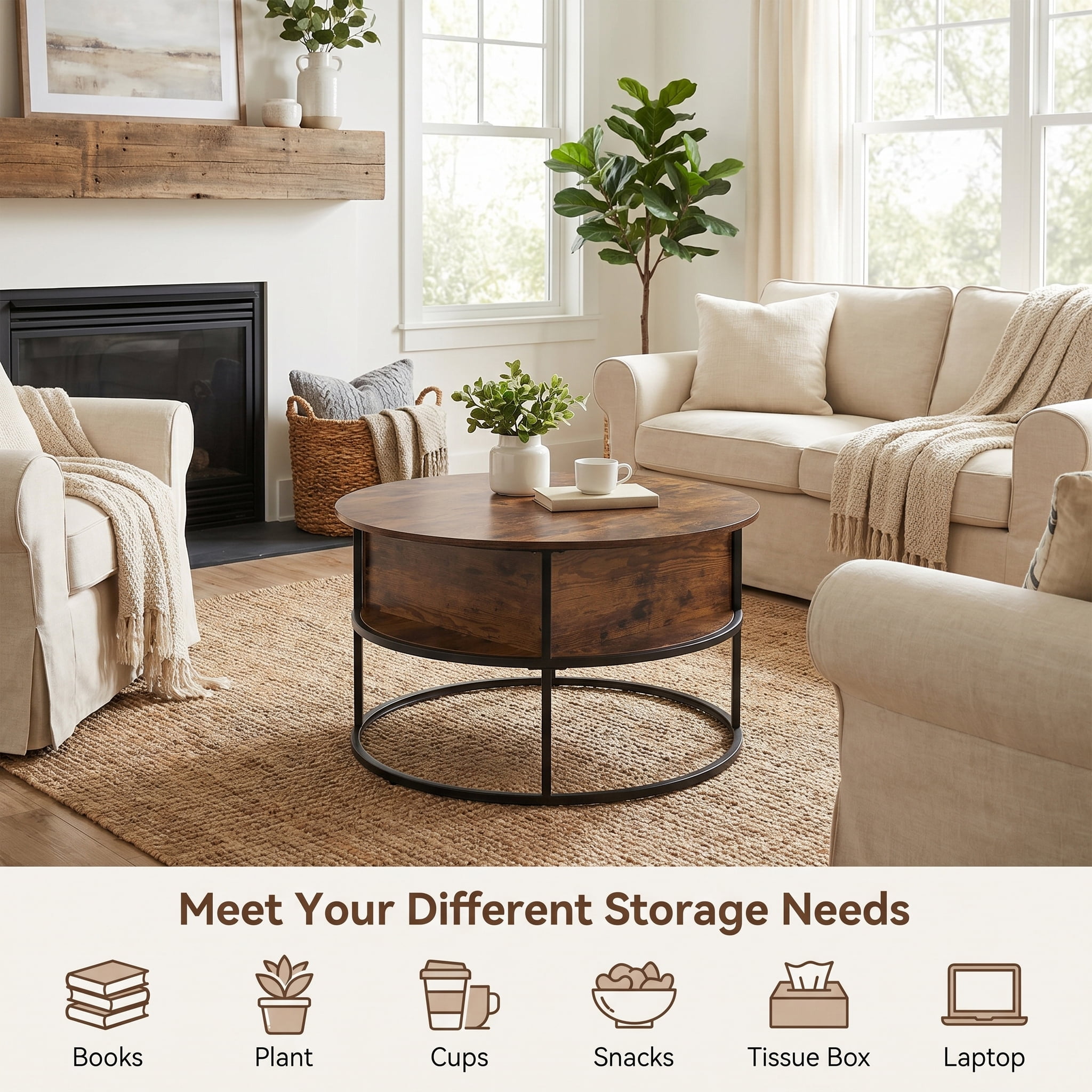BEAUTYPEAK 32" Round Lift Top Coffee Table with Hidden Storage Circle Living Room Center Table, Dark Walnut