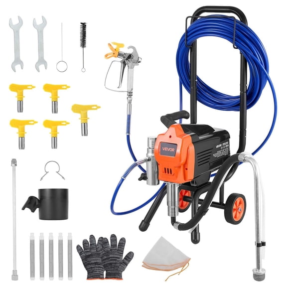 VEVOR Stand Airless Paint Sprayer, 1500W, 3300PSI High Pressure Airless Sprayer with Cart, Cleaning Brush, Hose, Extension Rod, Nozzles, Electric Spray Paint Machine for Large Apartments, Buildings