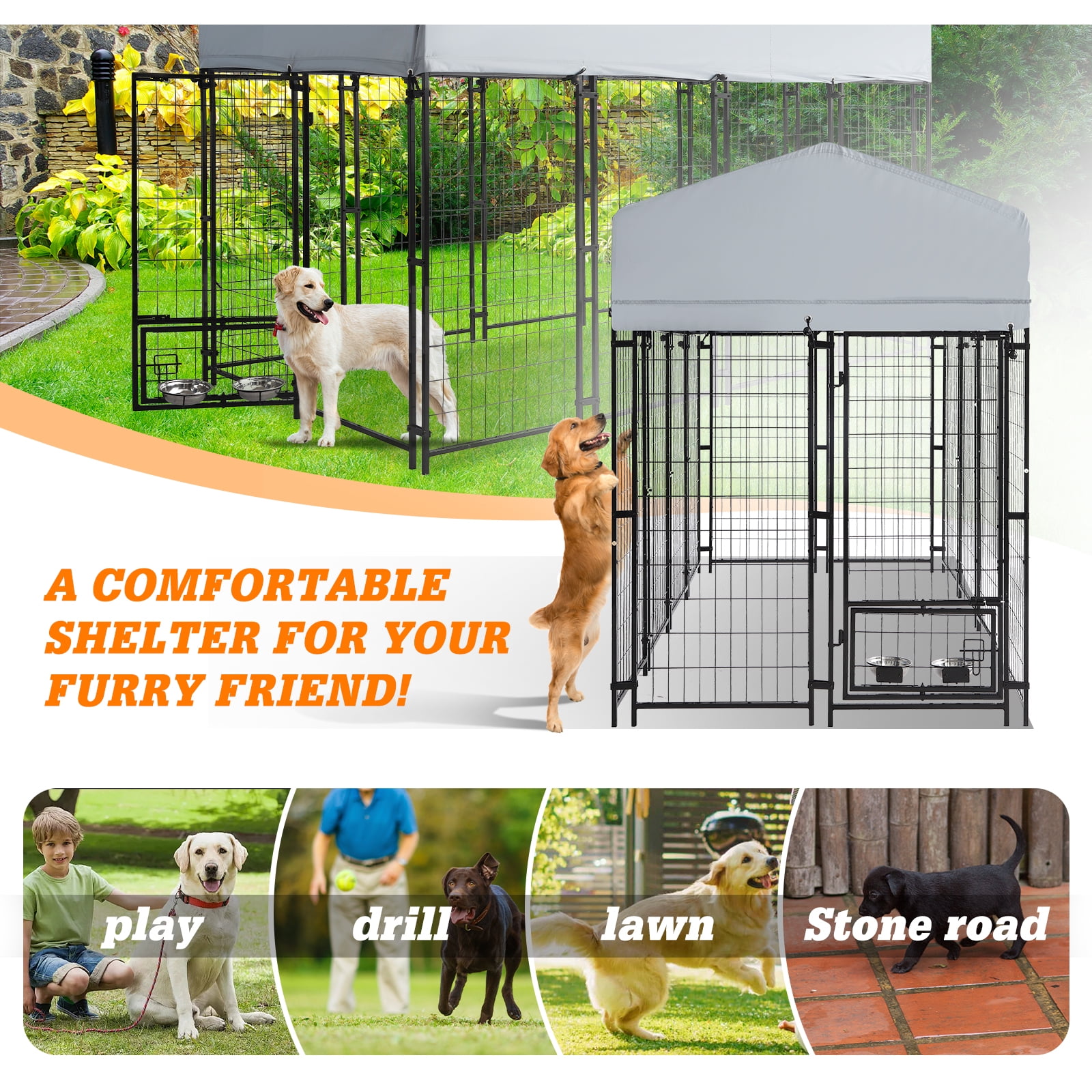 Magic Union 8x4x6 FT Outdoor Dog Kennel with Roof Cover, Heavy Duty Dog House Outside with Lockable Door, Indoor Dog Playpen Outdoor Dog Cage Pen Pet Fence with 2 Rotating Feeding Bowls for Large Dog
