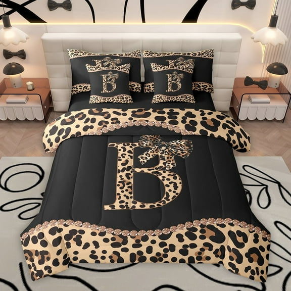 Homewish Cartoon Monogrammed B Twin Bedding Sets 7-Piece for Teens, Leopard Cheetah Print Bedding Comforter Set, Modern Fashion Reversible Sheet Sets, Ultra Soft Bedroom Decor