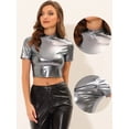 thumbnail image 2 of INSPIRE CHIC Women's Mock Neck Party Short Sleeve Metallic Crop Tops Silver Grey M, 2 of 4