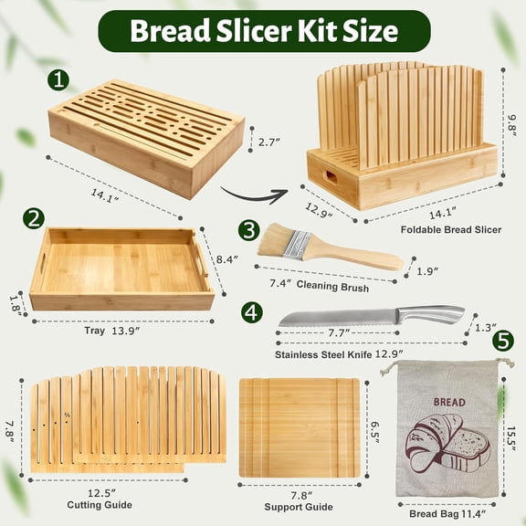Bread Slicer for Homemade Bread, 5-Piece Bamboo Sourdough Bread Cutter Kit with Knife & Crumb Tray & Bread Bag, Manual Loaf Slicer Adjustable Bread Slicer Guide for Bagels, Sandwiches, Baking Tools