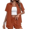 thumbnail image 2 of Shorts Sets Women 2 Piece Outfits Linen Button Down Shirt And Casual Shorts Sets Summer Travel Vacation Beach Matching,Orange XL, 2 of 5
