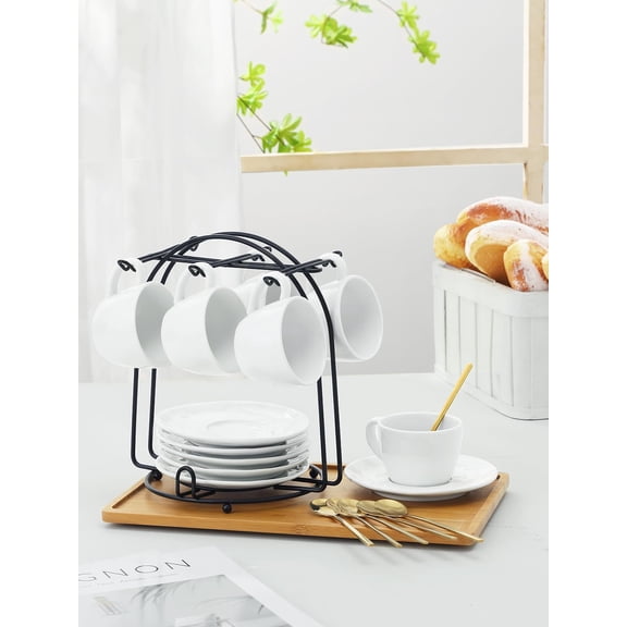 4 oz Espresso Cups with Saucers and Metal Stand, Porcelain Stackable Coffee Cappuccino Cups Set of 4, White