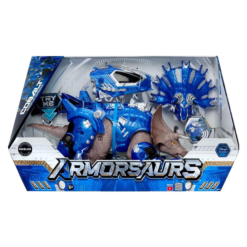 Armorsaurs Armor-Up Triceratops Dinosaur Cobalt Toy Figure with 7 Removable Armor Pieces, Tail-Triggered Chomp, Pilot Pod Compatible, Kids, Boys, Girls, Ages 6+