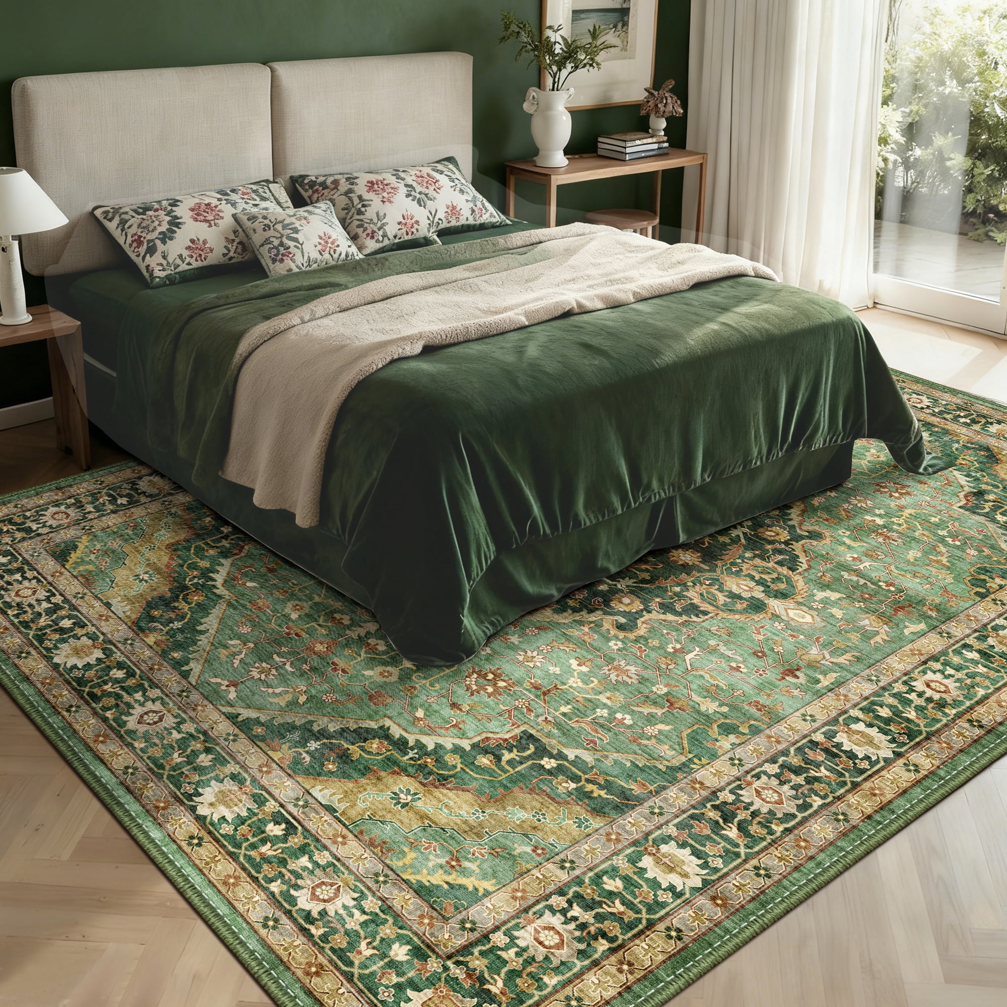 ATHOPE 5x7 Area Rugs for Living Room Bedroom, Washable Soft Rug with Non-Slip Backing, Large Floral Vintage Distress Print Pattern Carpet, Green