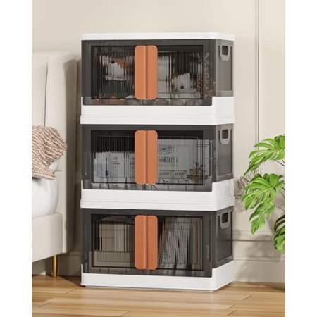8.4Gal Collapsible Storage Bins with Lids & Wheels - 3 Pack Stackable with Doors Heavy-Duty Plastic Containers for Home/Office White