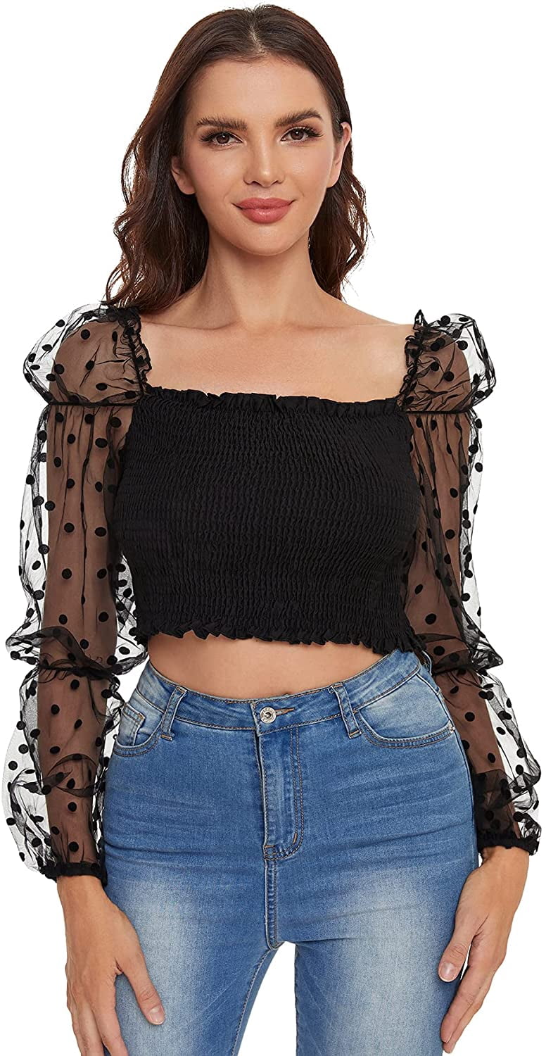 Women's Contrast Dobby Mesh Puff Sleeve 