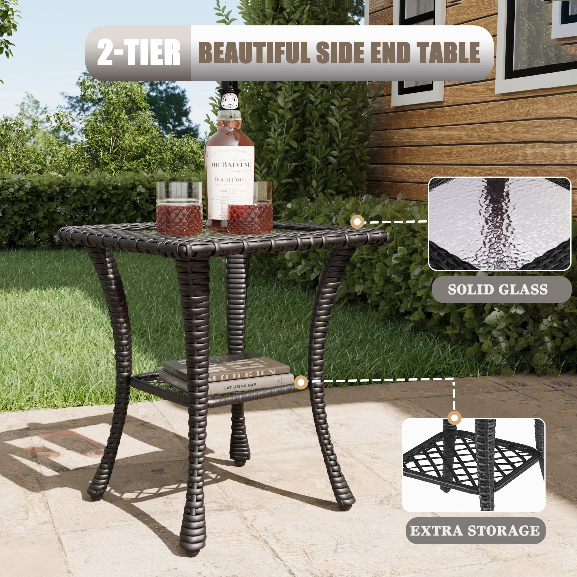 LayinSun 3 Piece Wicker Patio Furniture Set, Classis Outdoor Conversation 360 Degree Swivel Chairs Set with Coffee Table