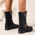 thumbnail image 5 of Women's Mid Calf Combat Riding Boots Trendy Leather Buckles Side Zipper Winter Fall Slouchy Boots for Women, 5 of 6