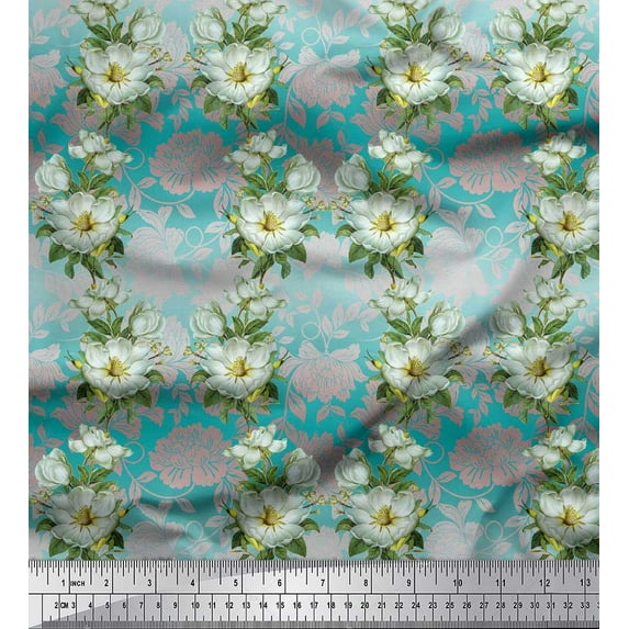Soimoi Cotton Voile Fabric Leaves & Magnolia Floral Decor Fabric Printed Yard 42 Inch Wide