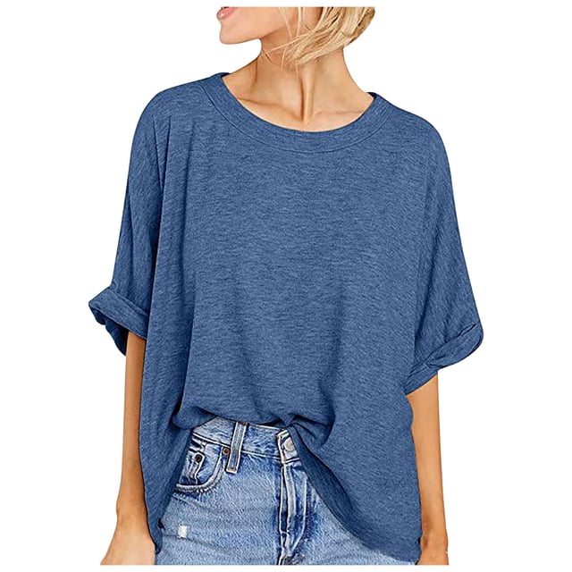 Plebaso T-Shirts Surdimensionnés pour Femmes Manches Courtes Col Rond T-Shirts d'Été Décontractés Amples Blouses 2025