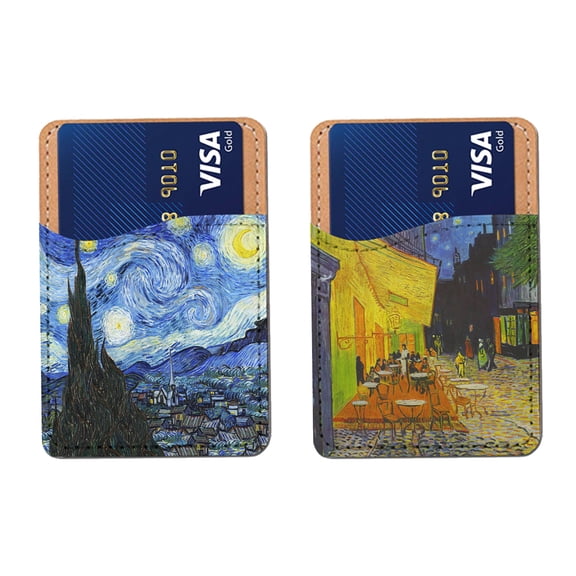 WIRESTER 2pcs Set Self-Adhesive PU Leather Card Holder Stick on Pocket Credit Card Case Pouch Wallet for Apple Samsung Motorola LG Smart Phones - Cafe Terrace At Night, The Starry Night By Van Gogh