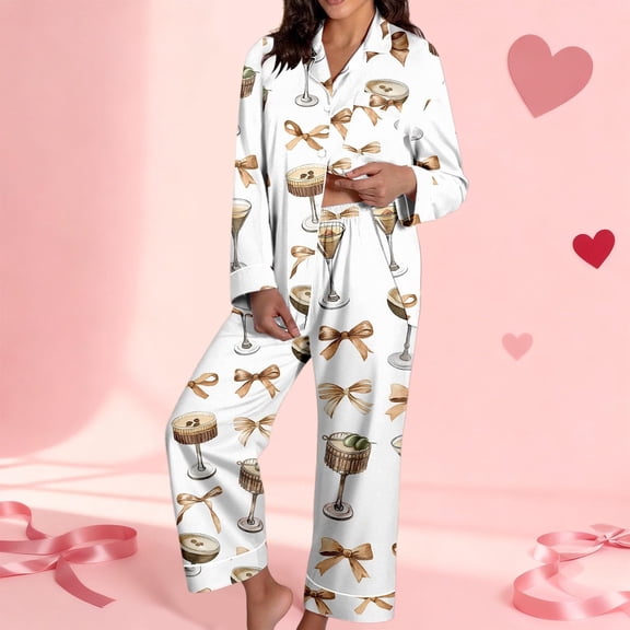 Womens Cotton Pajama Sets Cute Heart Print Long Sleeve Button Down Valentines Pajamas With Long Pants