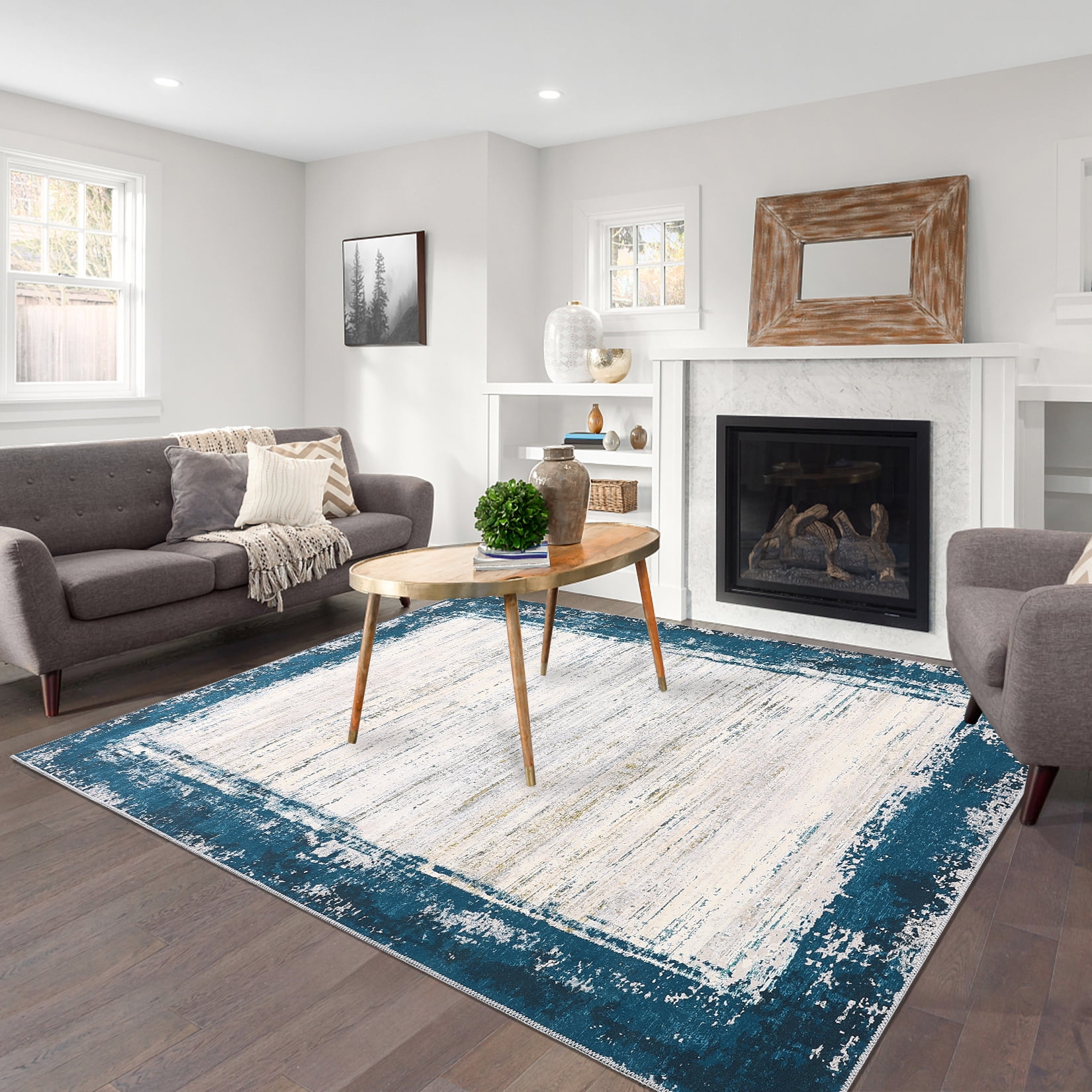 HOMERRY Washable Rugs 8'x 10' Rug for Living Room Bedroom Rug Modern Bordered Thin Indoor Carpet, Teal
