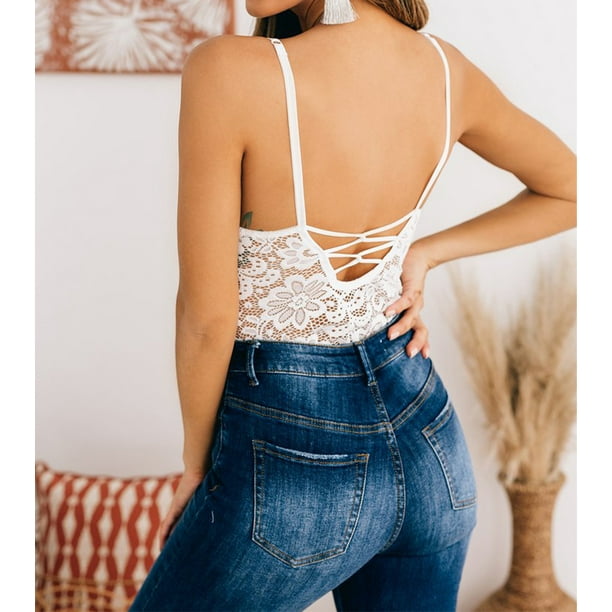 White Lace Open Back Thong Bodysuit