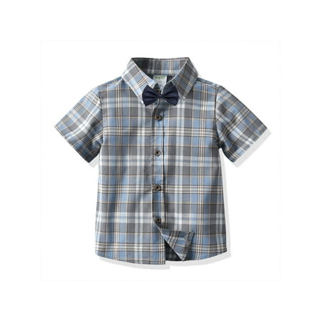 

Domingbub Toddler Boys Button Down Shirts Buffalo Plaid Shirt with Bowknot School Uniform Dress Shirt Grey Blue Plaid 12-18 Months
