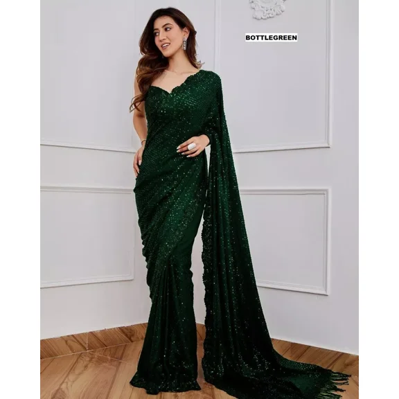 Sethi Trades Bollywood Blockbuster Georgette Saree with 5MM Sequins and Silk Blouse Piece, Party Wear, One Size