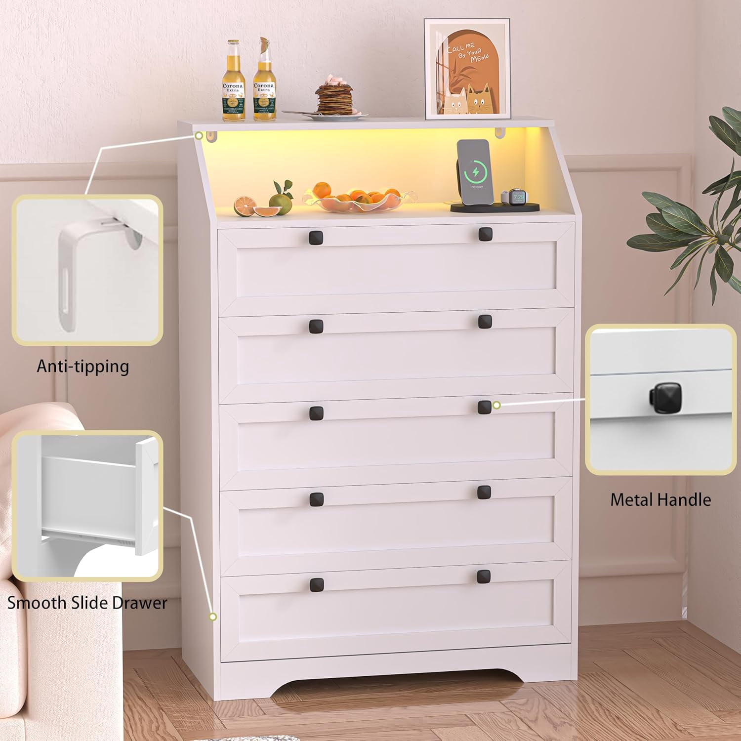 FANRAL 5 Drawers Dresser for Bedroom,Tall Dresser Modern Chest of Drawers with LED Open Shelf,Wood Closet Clothes Organizer Storage Cabinet,White Dresser
