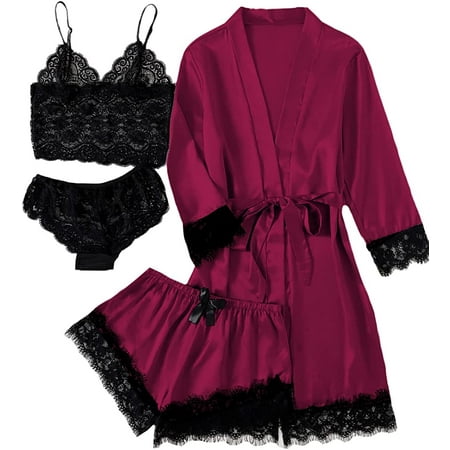 

LYANER Women s 4pcs Sleepwear Satin Floral Lace Trim Cami Pajama Set with Robe