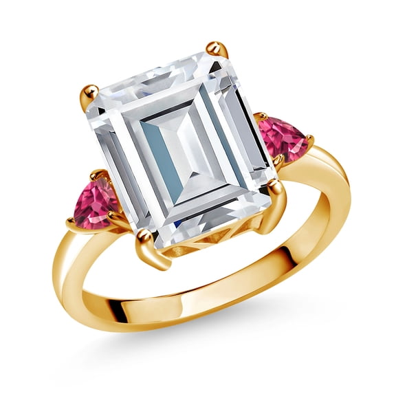 Gem Stone King 18K Yellow Gold Plated Silver Pink Tourmaline Ring Set with Moissanite (7.70 Cttw) (Size 7)