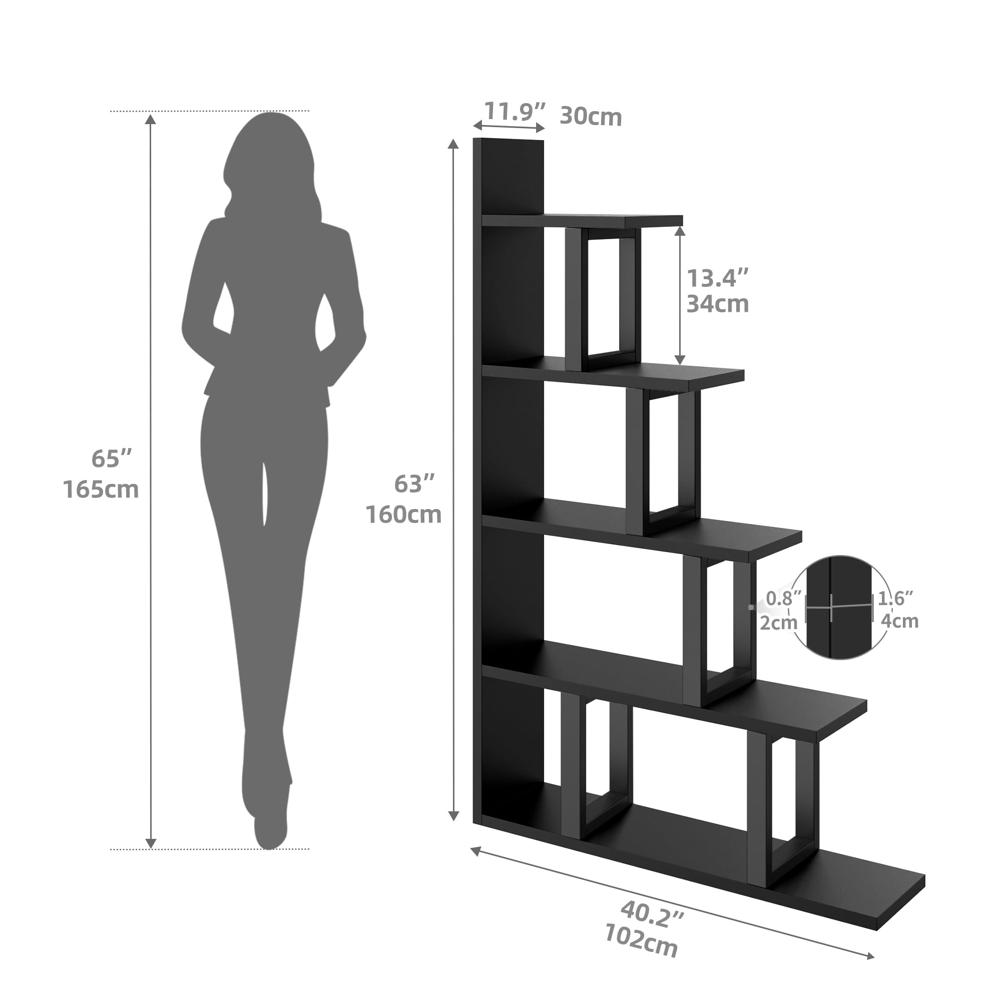 Dextrus 5-Tier Bookshelf, Ladder Etagere  Bookcase,L-Shape Display Rack Storage Shelf, Freestanding Open Corner Bookshelves for Office, Bedroom, Living Room, Study Room, Black