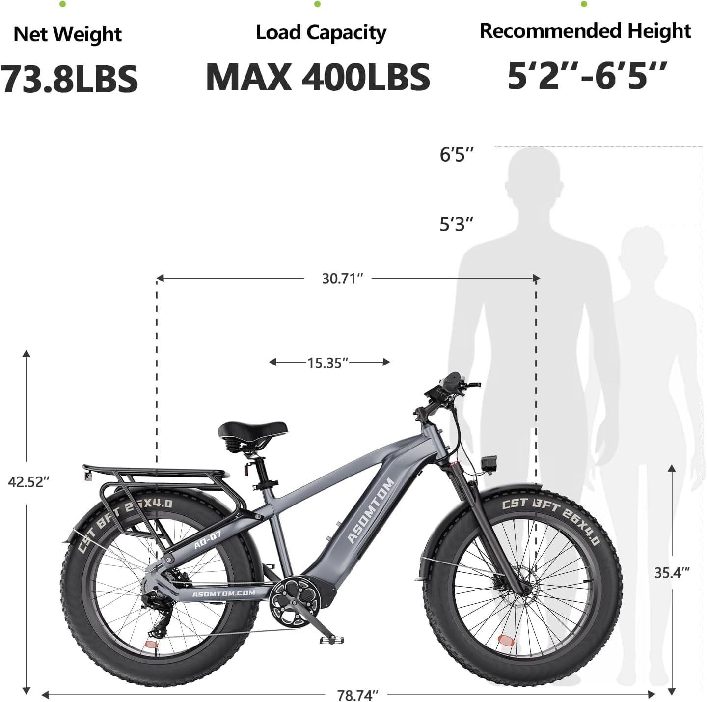 ASOMTOM ，26" x4.0 Fat Tire Electric Bike for Adults, 750W Motor 28+MPH, 48V 15Ah Removable Battery, Shimano 7-Speed, Suspension Fork, Cruise Control - Electric Mountain Bicycle