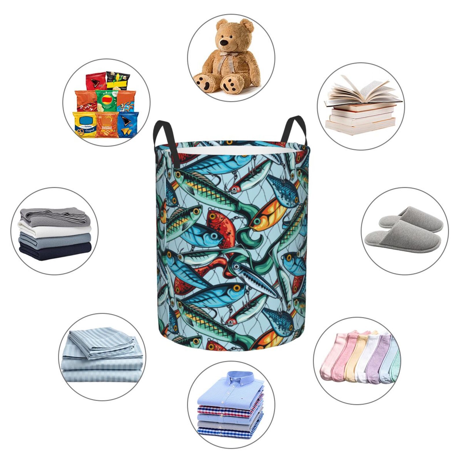 Large Laundry Basket with Handles - Colorful Fishing Baits Kids Baby Dirty Clothes Laundry Hamper for Bedroom Aesthetic