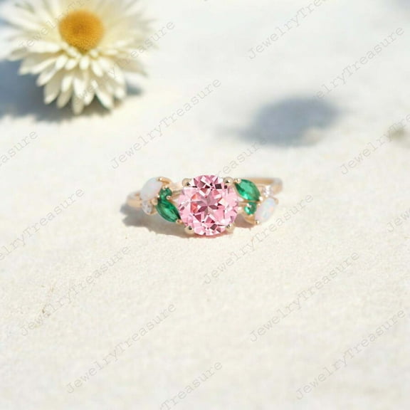 JEWELRYTREASURE 5 mm / 0.5 Ct Pink Tourmaline Engagement Ring Marquise Cut Opal Emerald Cluster Ring Art Deco Bridal Jewelry Anniversary Gift for Her
