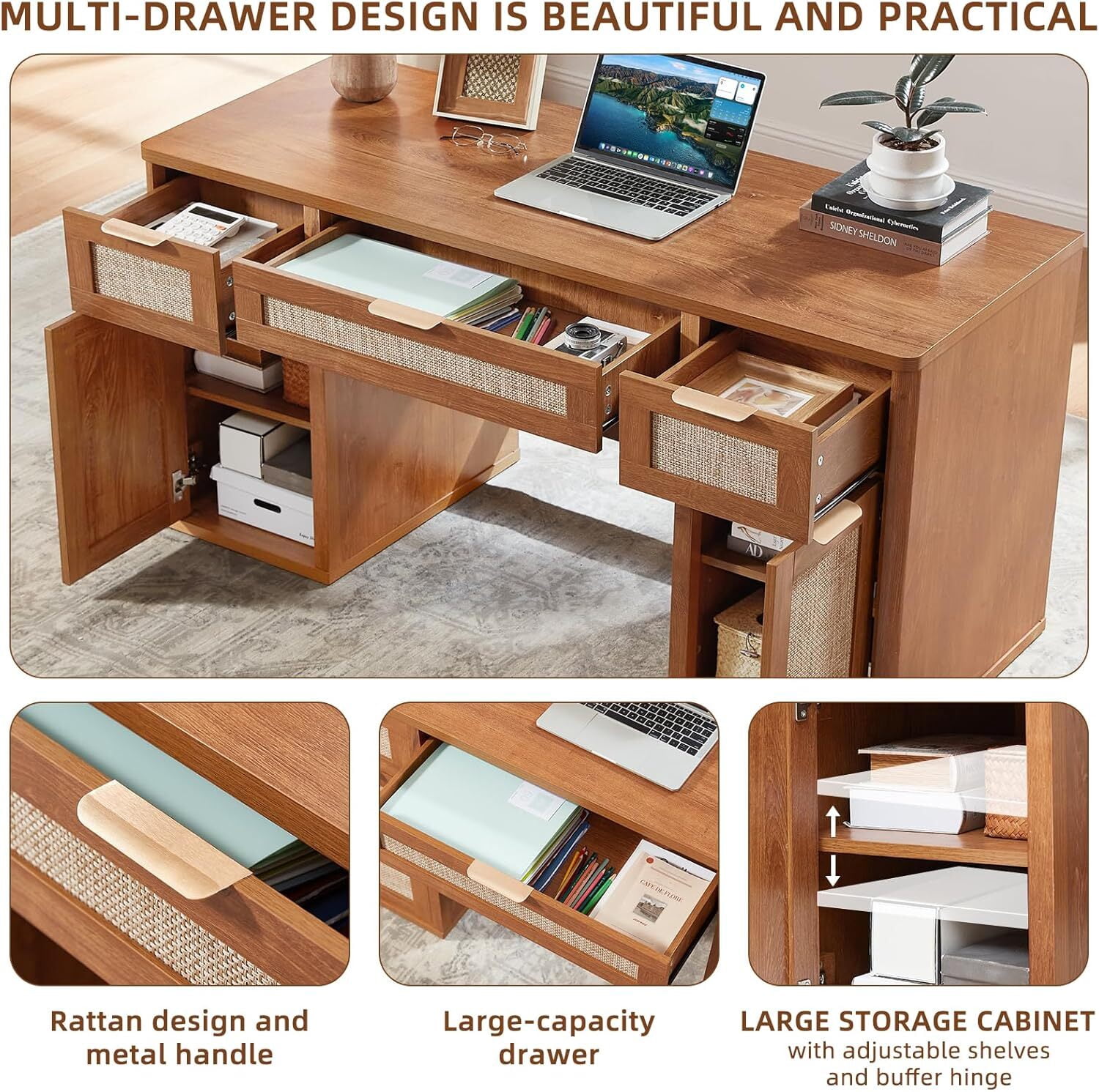 LEYAOYAO 56" Rattan Computer Desk with 3 Drawers & 2 Storage Cabinets, Boho Executive Desk, Modern Writing Desk for Home Office Bedroom, Tea Brown