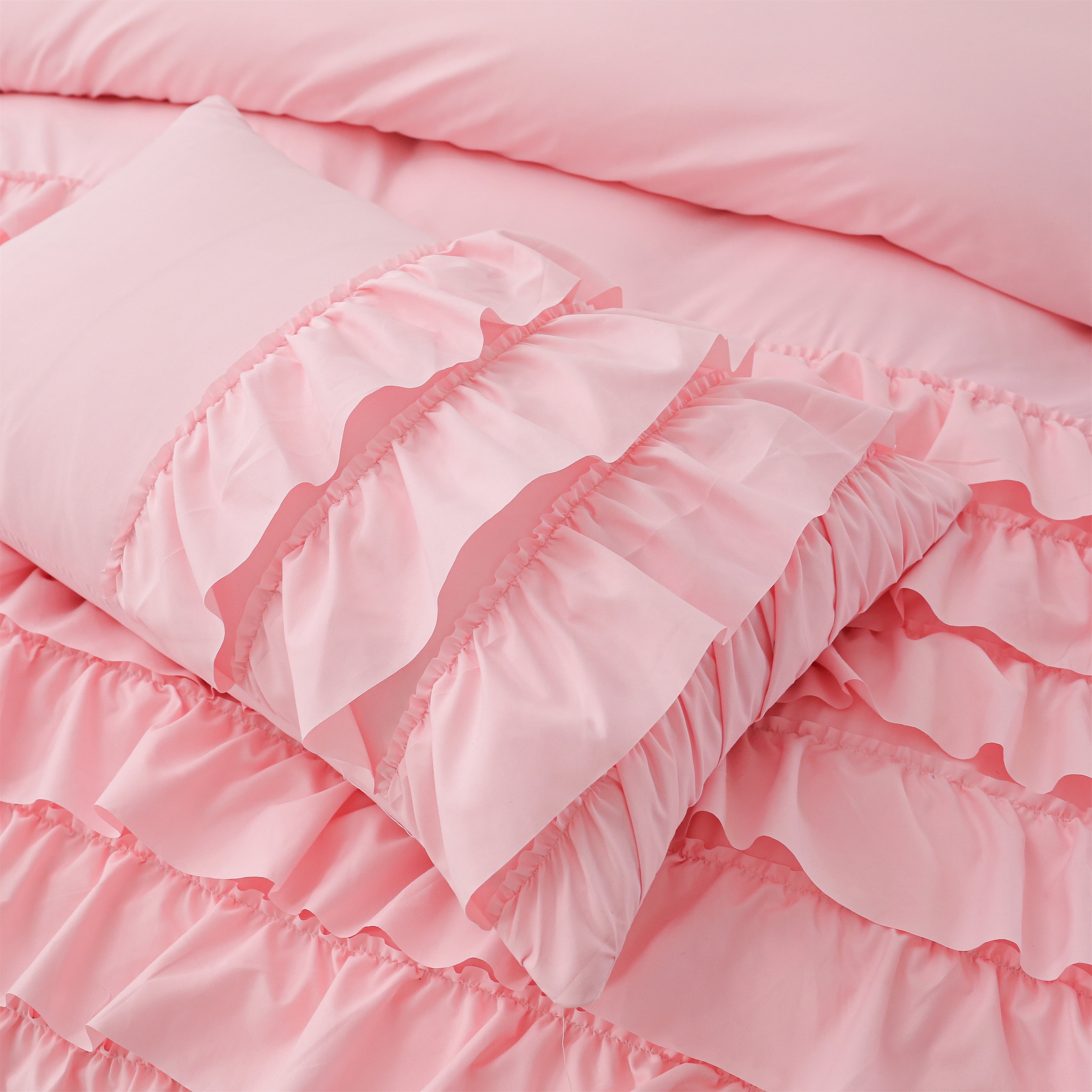 Btargot 3PC Waterfall Ruffled Princess Comforter Set Twin Soft Chic Bedding Set for Kids Girls Pink